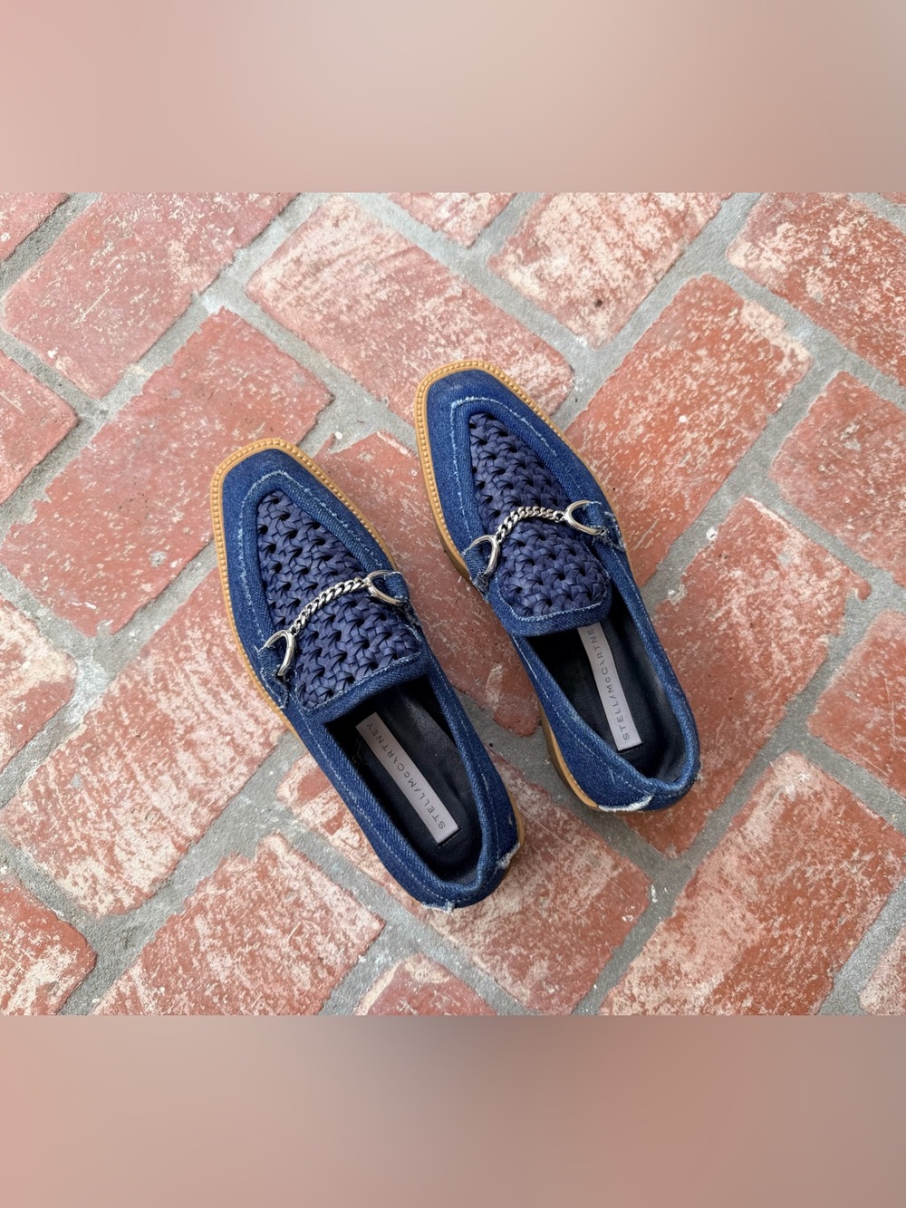 Stella McCartney Denim Woven Leather Platform Loafers Chain EU 37.5 Spain